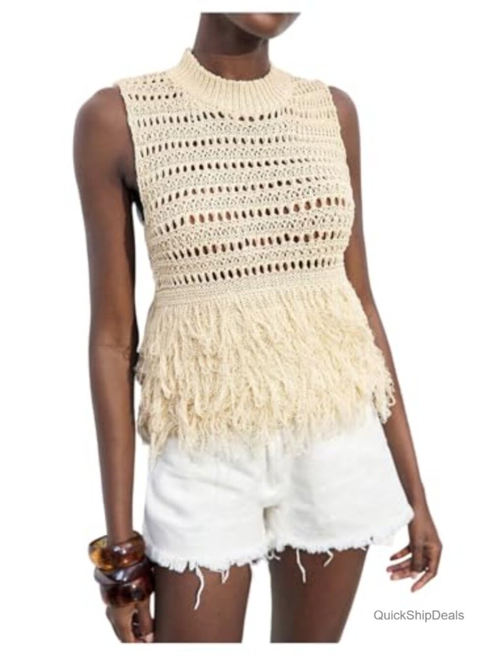 Crochet Tank Top Fringe Hem Mock Neck Sleeveless Boho Knit Slim Fit Summer